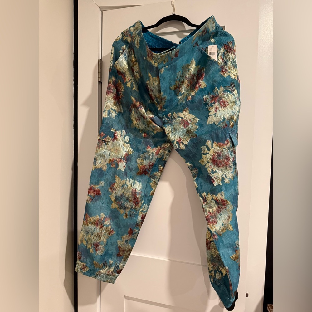Anthropologie Teal Floral Ankle Pants